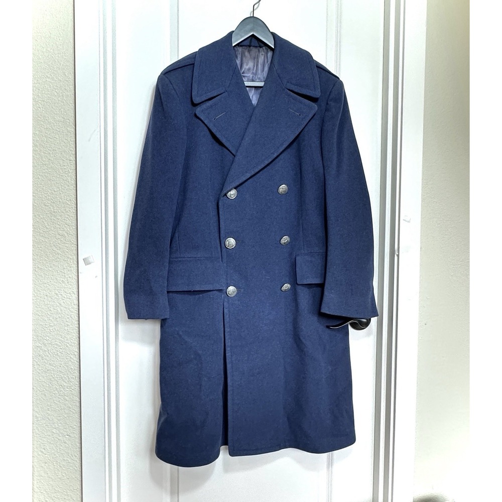 Vtg 1950s SACO US Air Force Blue Wool Overcoat Trench Greatcoat Union Made USAF